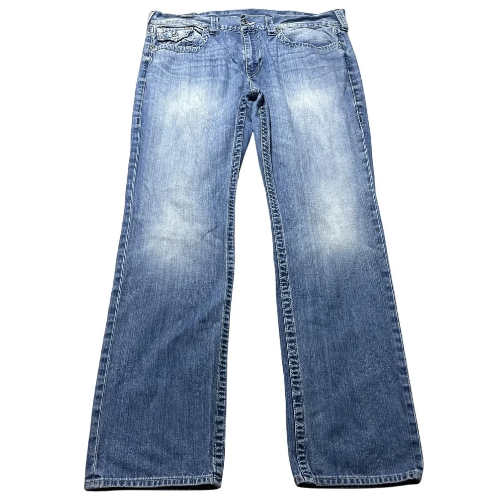 True Religion Ricky Flap SN Jeans Mens 38x34 Blue Med Wash Relaxed Straight